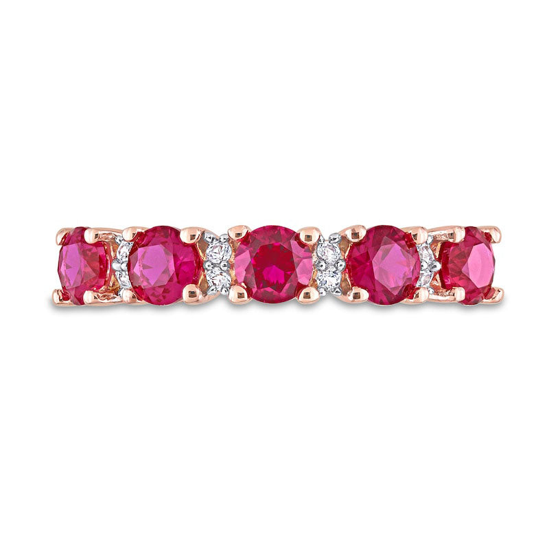 Lab-Created Ruby and White Lab-Created Sapphire Five Stone Duo Stackable Band in Sterling Silver with Rose Rhodium