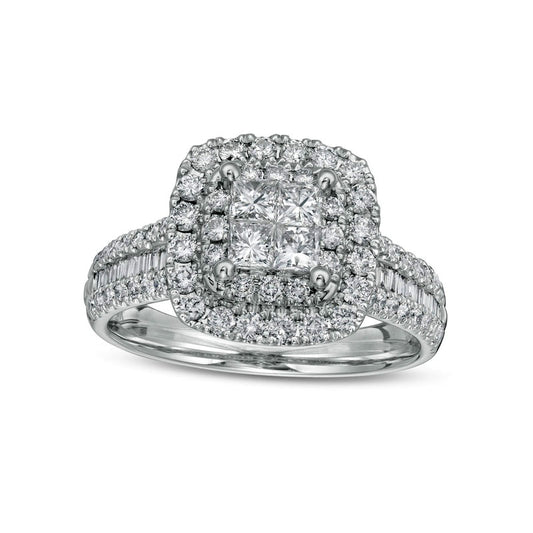 1.25 CT. T.W. Princess-Cut Quad Natural Diamond Double Cushion-Shaped Frame Engagement Ring in Solid 14K White Gold