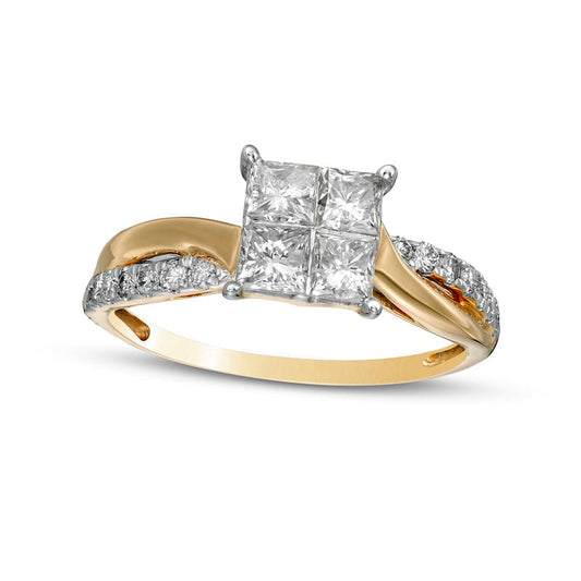 1.0 CT. T.W. Princess-Cut Quad Natural Diamond Twist Shank Engagement Ring in Solid 14K Gold
