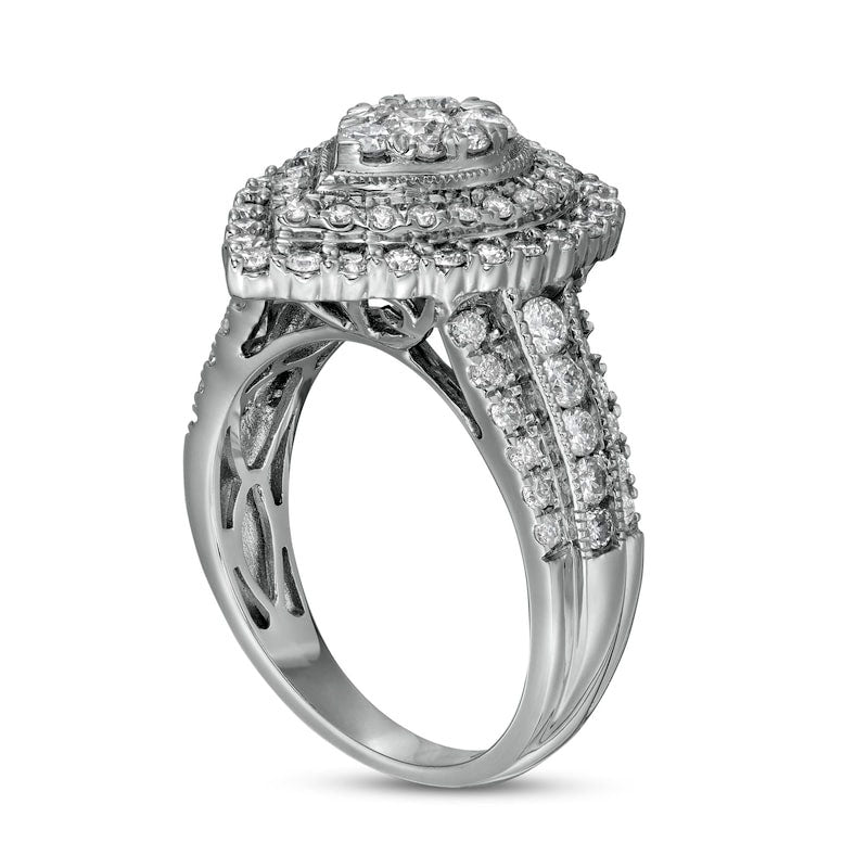 1.5 CT. T.W. Composite Pear-Shaped Natural Diamond Double Frame Antique Vintage-Style Engagement Ring in Solid 14K White Gold