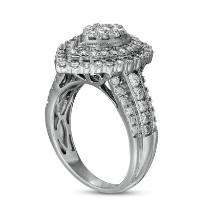 1.5 CT. T.W. Composite Pear-Shaped Natural Diamond Double Frame Antique Vintage-Style Engagement Ring in Solid 14K White Gold
