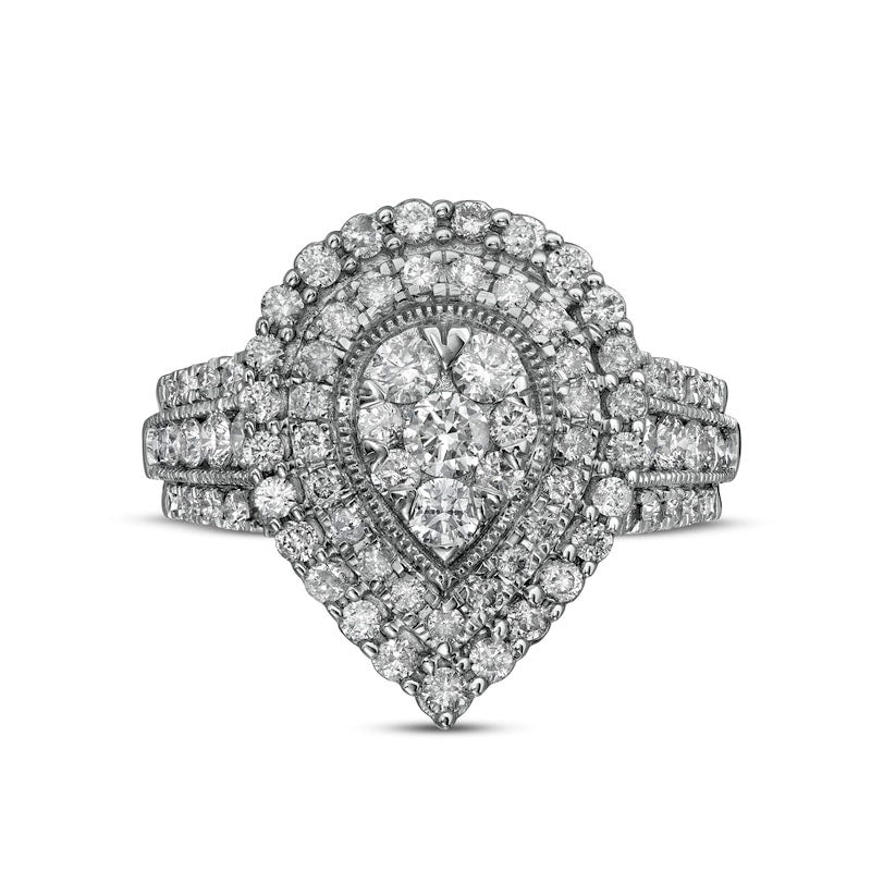 1.5 CT. T.W. Composite Pear-Shaped Natural Diamond Double Frame Antique Vintage-Style Engagement Ring in Solid 14K White Gold
