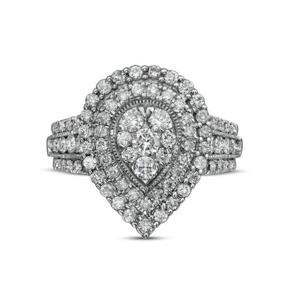 1.5 CT. T.W. Composite Pear-Shaped Natural Diamond Double Frame Antique Vintage-Style Engagement Ring in Solid 14K White Gold