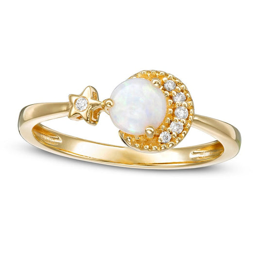 5.0mm Opal and 0.05 CT. T.W. Natural Diamond Crescent Moon and Star Ring in Solid 10K Yellow Gold