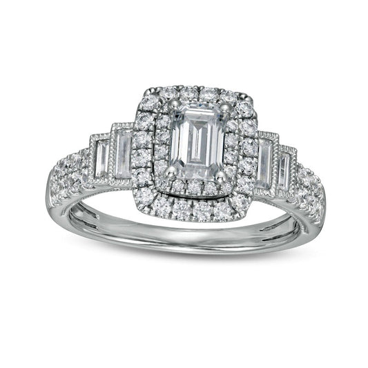 1.20 CT. T.W. Emerald-Cut Natural Diamond Frame Antique Vintage-Style Tiered Shank Engagement Ring in Solid 14K White Gold (I/I1)
