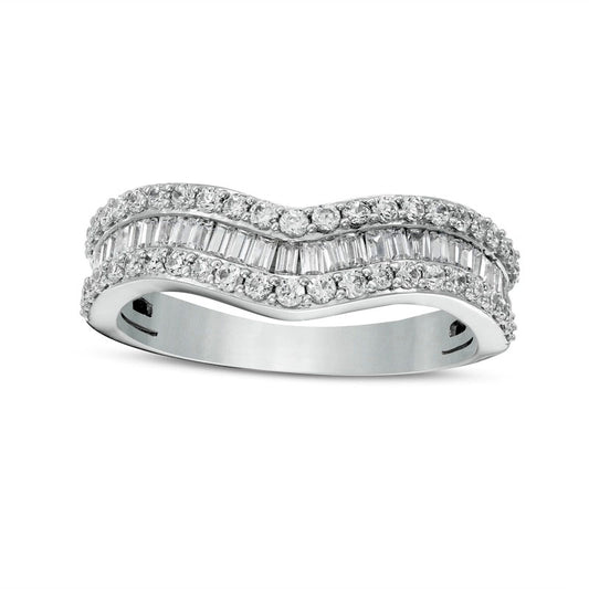 0.75 CT. T.W. Baguette and Round Natural Diamond Contour Triple Row Anniversary Band in Solid 14K White Gold