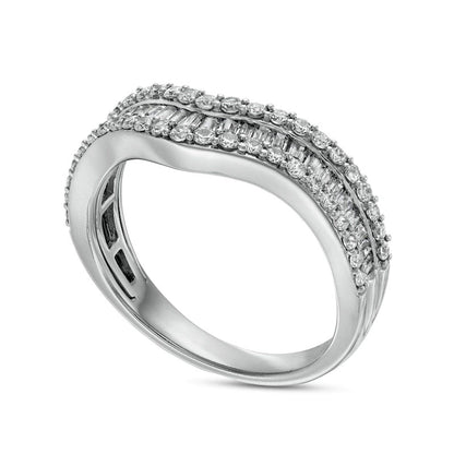 0.75 CT. T.W. Baguette and Round Natural Diamond Contour Triple Row Anniversary Band in Solid 14K White Gold