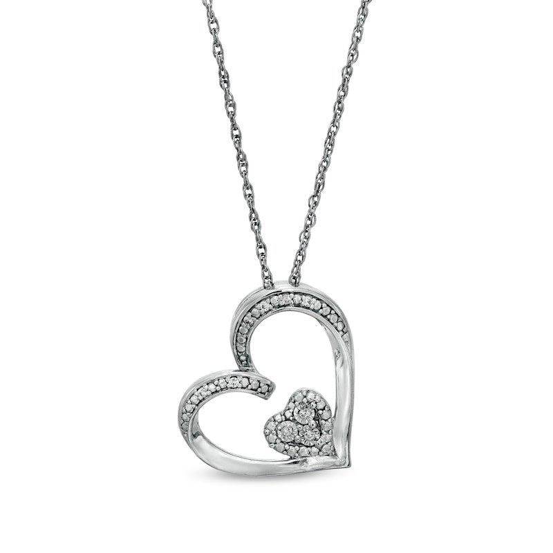 Natural Diamond Accent Tilted Double Heart Pendant in Sterling Silver