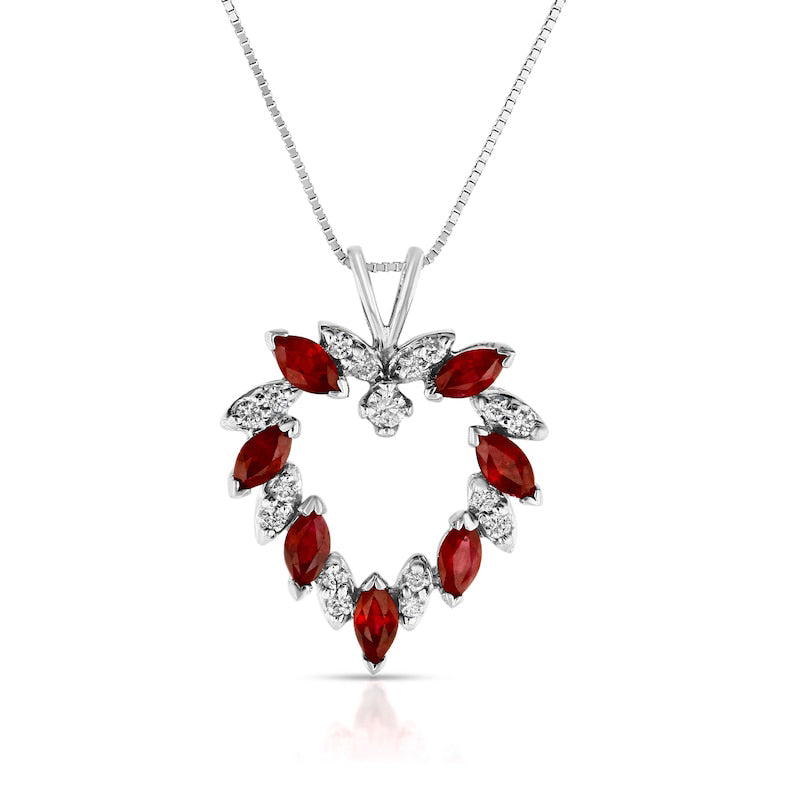Marquise Ruby and 0.2 CT. T.W. Natural Diamond Leaf Alternating Wreath Heart Pendant in 14K White Gold