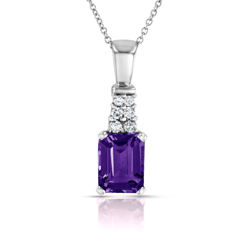 Emerald-Cut Amethyst and 0.17 CT. T.W. Natural Diamond Graduated Double Row Drop Pendant in 14K White Gold