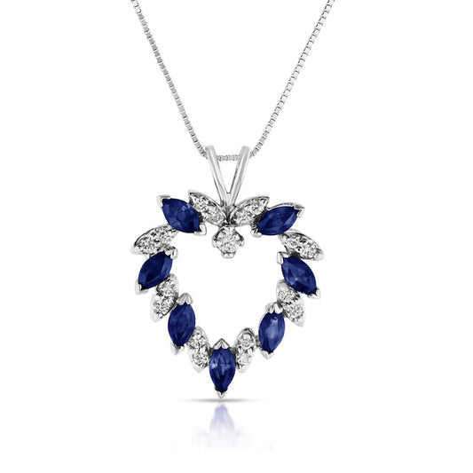 Marquise Blue Sapphire and 0.2 CT. T.W. Natural Diamond Leaf Alternating Wreath Heart Pendant in 14K White Gold