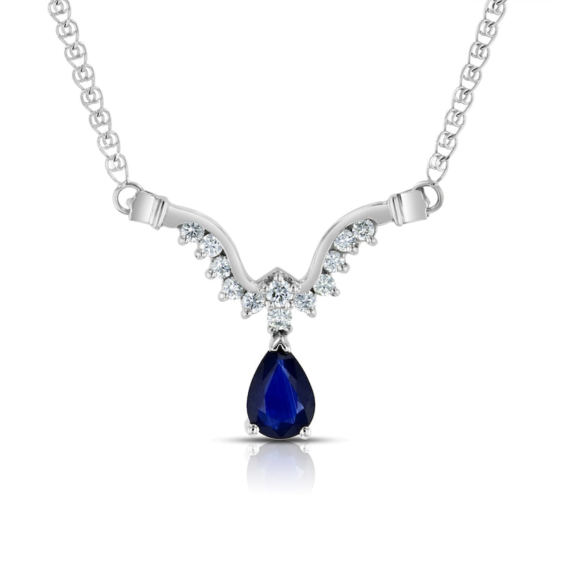 Pear-Shaped Blue Sapphire and 0.25 CT. T.W. Natural Diamond Curved Abstract Teardrop Necklace in 14K White Gold - 16"