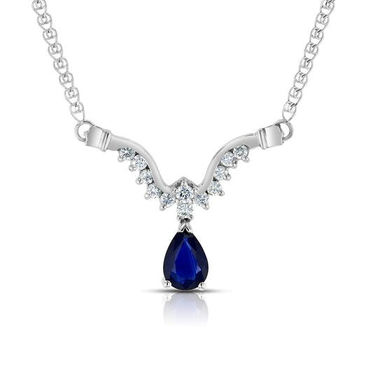 Pear-Shaped Blue Sapphire and 0.25 CT. T.W. Natural Diamond Curved Abstract Teardrop Necklace in 14K White Gold - 16"