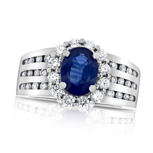 Oval Blue Sapphire and 0.75 CT. T.W. Natural Diamond Frame Channel-Set Triple Row Engagement Ring in Solid 14K White Gold