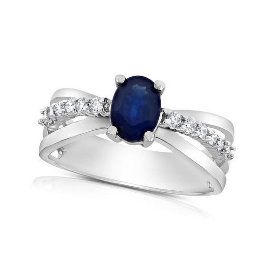 Oval Blue Sapphire and 0.20 CT. T.W. Natural Diamond Triple Row Split Shank Ring in Solid 14K White Gold