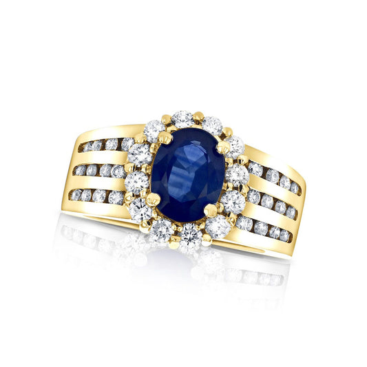 Oval Blue Sapphire and 0.75 CT. T.W. Natural Diamond Frame Channel-Set Triple Row Engagement Ring in Solid 14K Gold
