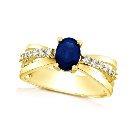 Oval Blue Sapphire and 0.20 CT. T.W. Natural Diamond Triple Row Split Shank Ring in Solid 14K Gold