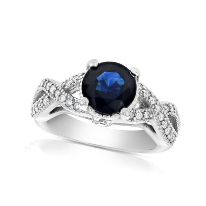8.0mm Blue Sapphire and 0.38 CT. T.W. Natural Diamond Twist Shank Antique Vintage-Style Engagement Ring in Solid 14K White Gold