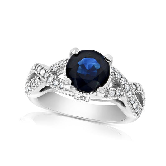 8.0mm Blue Sapphire and 0.38 CT. T.W. Natural Diamond Twist Shank Antique Vintage-Style Engagement Ring in Solid 14K White Gold