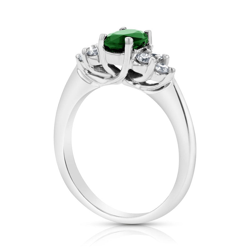 Oval Emerald and 0.33 CT. T.W. Natural Diamond Tri-Sides Engagement Ring in Solid 14K White Gold