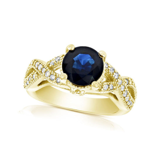 8.0mm Blue Sapphire and 0.38 CT. T.W. Natural Diamond Twist Shank Antique Vintage-Style Engagement Ring in Solid 14K Gold