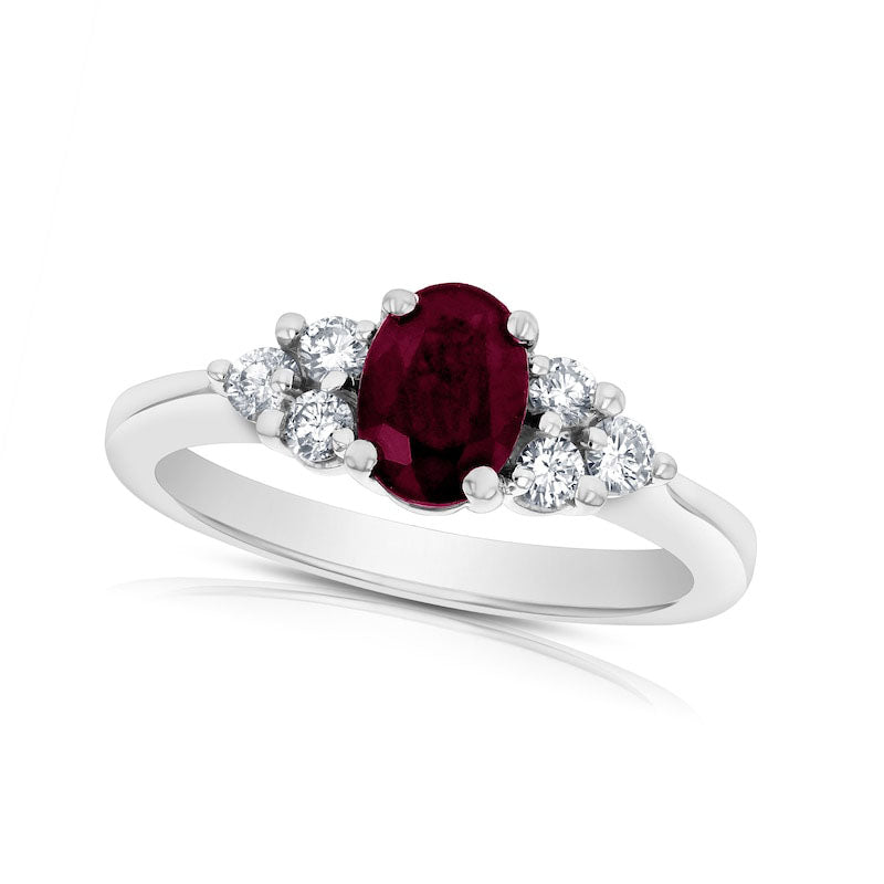 Oval Ruby and 0.33 CT. T.W. Natural Diamond Tri-Sides Engagement Ring in Solid 14K White Gold