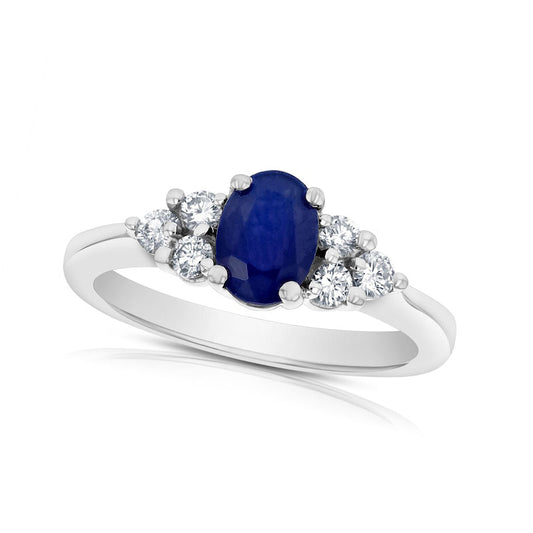Oval Blue Sapphire and 0.33 CT. T.W. Natural Diamond Tri-Sides Engagement Ring in Solid 14K White Gold
