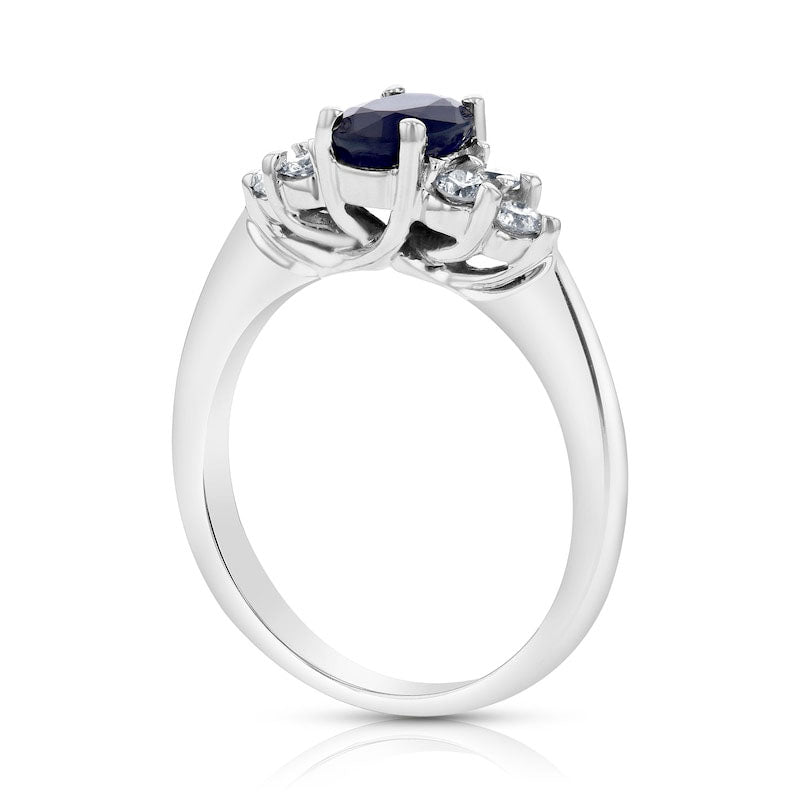 Oval Blue Sapphire and 0.33 CT. T.W. Natural Diamond Tri-Sides Engagement Ring in Solid 14K White Gold