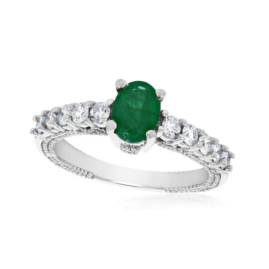 Oval Emerald and 0.50 CT. T.W. Natural Diamond Antique Vintage-Style Engagement Ring in Solid 14K White Gold