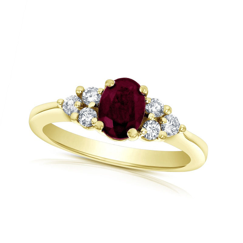 Oval Ruby and 0.33 CT. T.W. Natural Diamond Tri-Sides Engagement Ring in Solid 14K Gold
