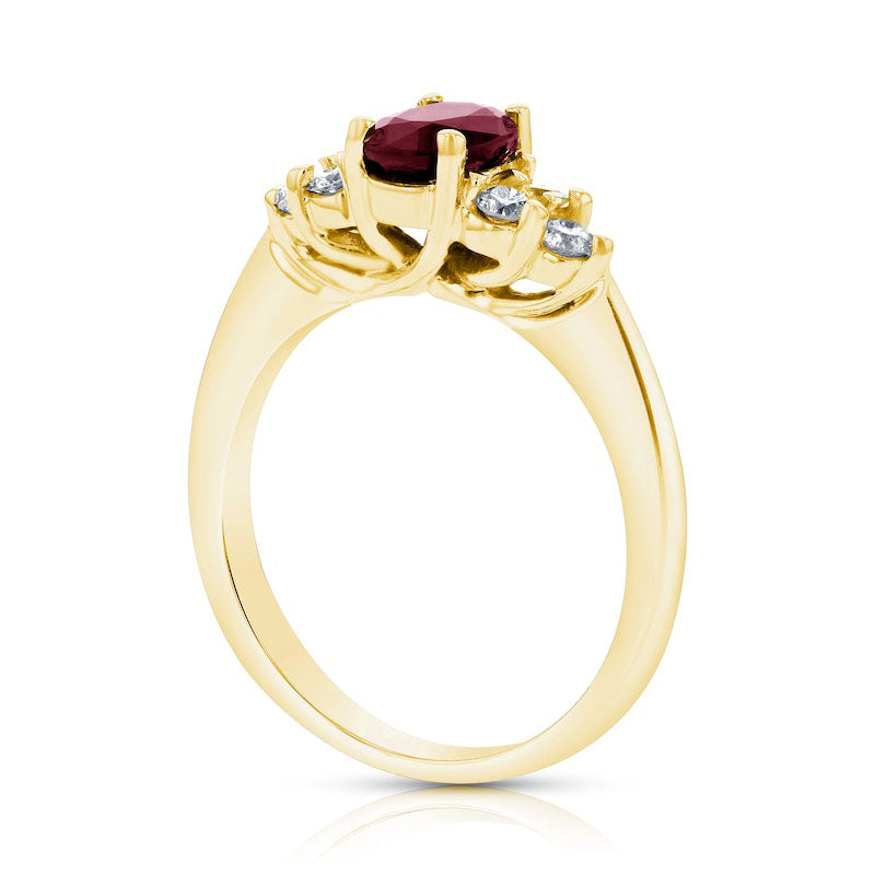 Oval Ruby and 0.33 CT. T.W. Natural Diamond Tri-Sides Engagement Ring in Solid 14K Gold
