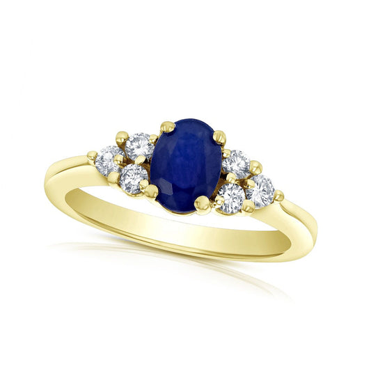 Oval Blue Sapphire and 0.33 CT. T.W. Natural Diamond Tri-Sides Engagement Ring in Solid 14K Gold