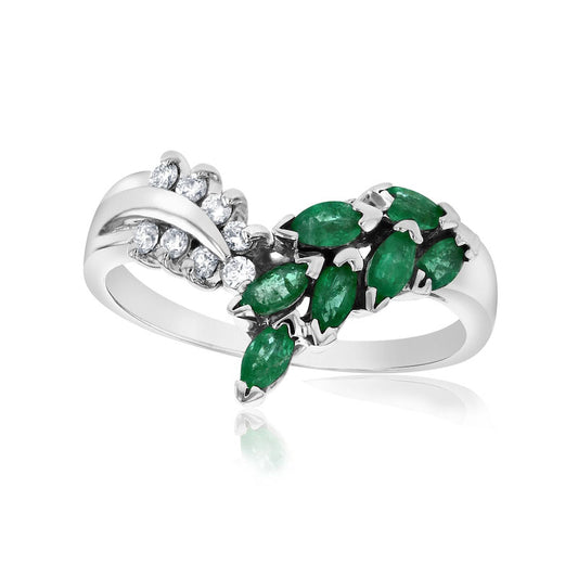 Marquise Emerald and 0.10 CT. T.W. Natural Diamond Leaf Branch Chevron Ring in Solid 14K White Gold