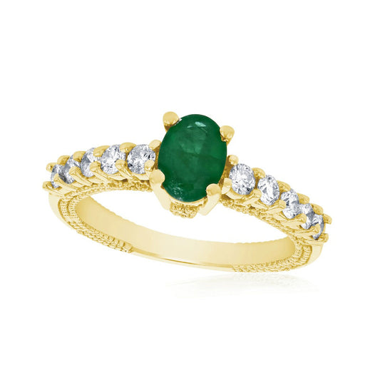 Oval Emerald and 0.50 CT. T.W. Natural Diamond Antique Vintage-Style Engagement Ring in Solid 14K Gold