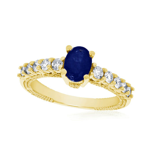 Oval Blue Sapphire and 0.50 CT. T.W. Natural Diamond Antique Vintage-Style Engagement Ring in Solid 14K Gold