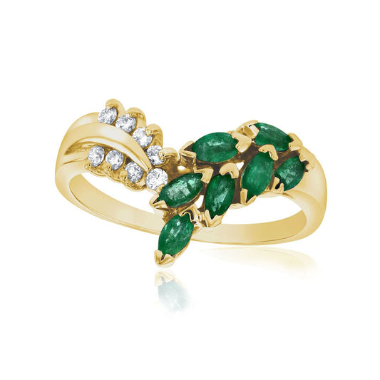 Marquise Emerald and 0.10 CT. T.W. Natural Diamond Leaf Branch Chevron Ring in Solid 14K Gold