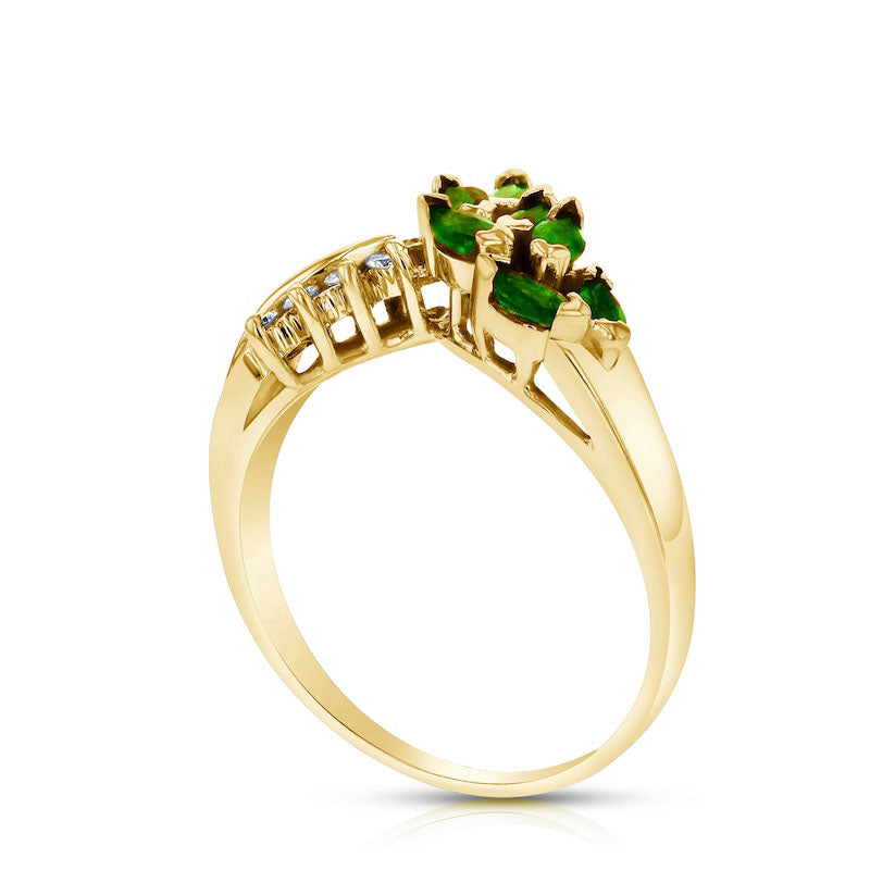 Marquise Emerald and 0.10 CT. T.W. Natural Diamond Leaf Branch Chevron Ring in Solid 14K Gold