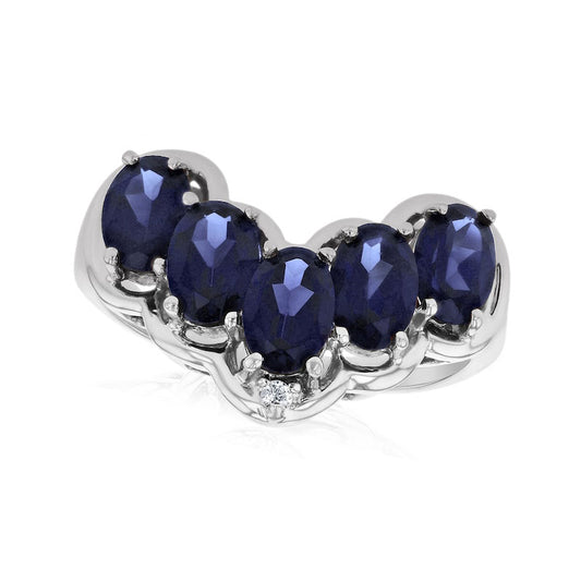 Oval Blue Sapphire and Natural Diamond Accent Five Stone Chevron Ring in Solid 14K White Gold