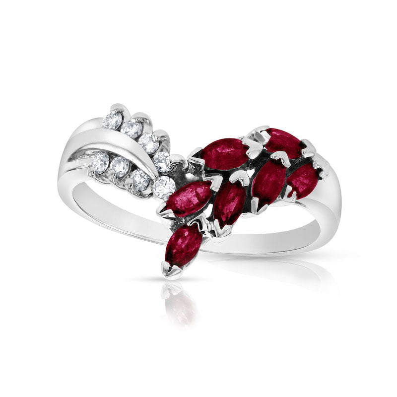 Marquise Ruby and 0.10 CT. T.W. Natural Diamond Leaf Branch Chevron Ring in Solid 14K White Gold
