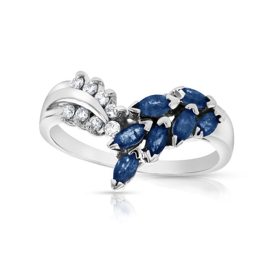 Marquise Blue Sapphire and 0.10 CT. T.W. Natural Diamond Leaf Branch Chevron Ring in Solid 14K White Gold