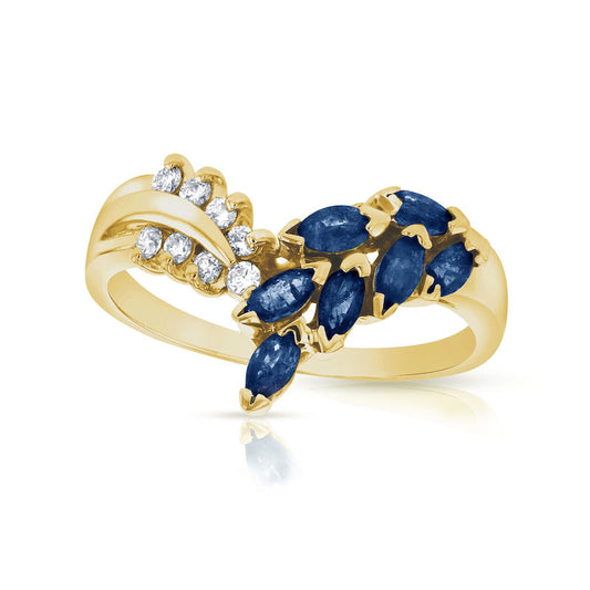 Marquise Blue Sapphire and 0.10 CT. T.W. Natural Diamond Leaf Branch Chevron Ring in Solid 14K Gold