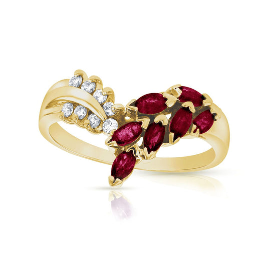 Marquise Ruby and 0.10 CT. T.W. Natural Diamond Leaf Branch Chevron Ring in Solid 14K Gold