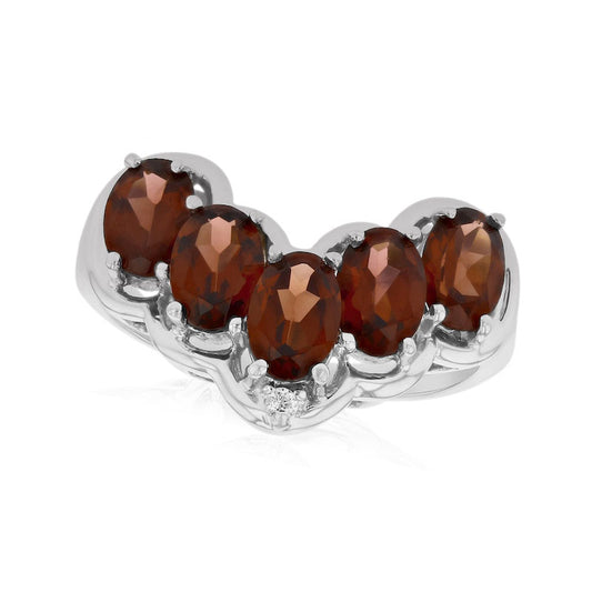 Oval Garnet and Natural Diamond Accent Five Stone Chevron Ring in Solid 14K White Gold