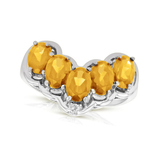 Oval Citrine and Natural Diamond Accent Five Stone Chevron Ring in Solid 14K White Gold