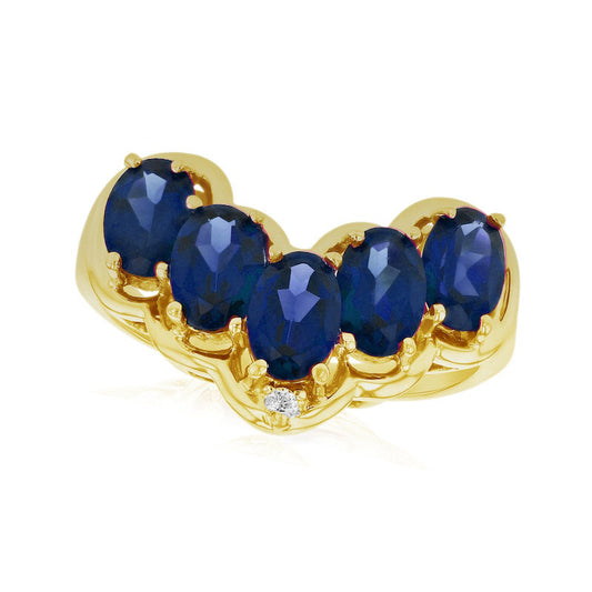 Oval Blue Sapphire and Natural Diamond Accent Five Stone Chevron Ring in Solid 14K Gold