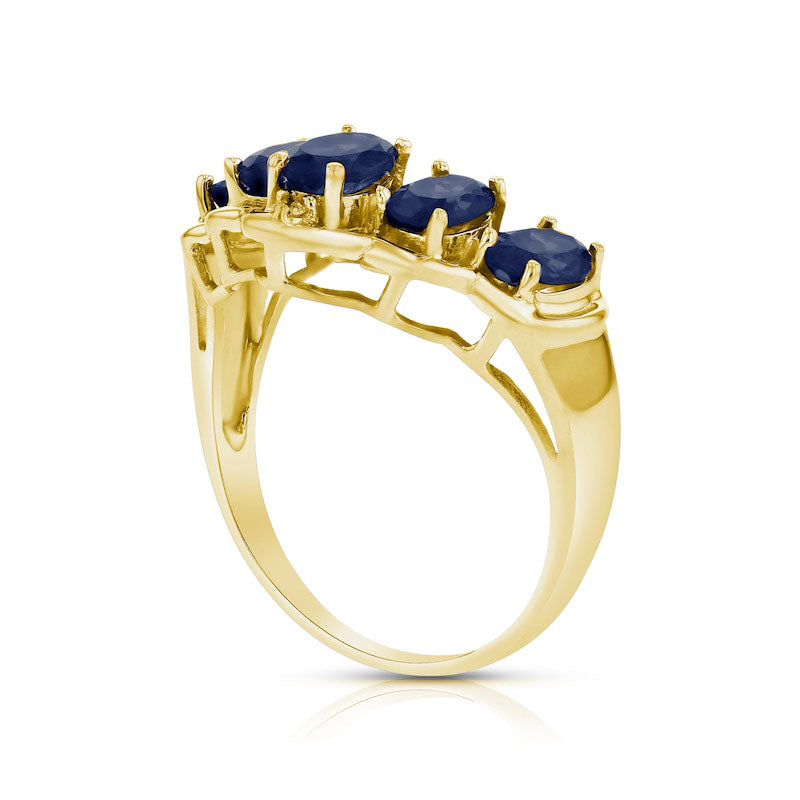 Oval Blue Sapphire and Natural Diamond Accent Five Stone Chevron Ring in Solid 14K Gold