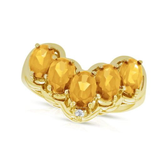 Oval Citrine and Natural Diamond Accent Five Stone Chevron Ring in Solid 14K Gold