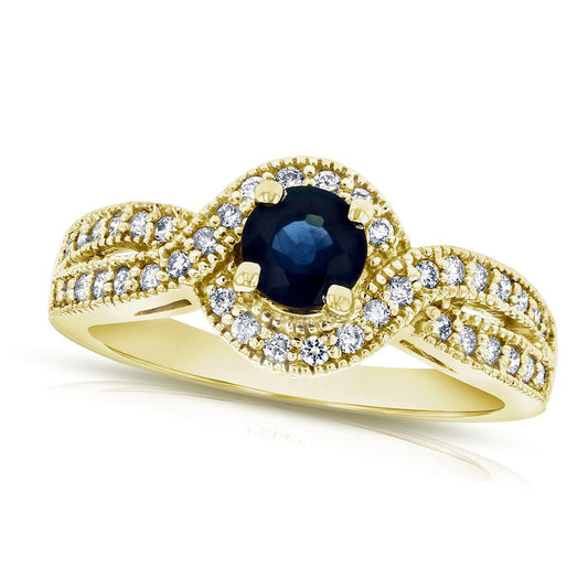 5.0mm Blue Sapphire and 0.33 CT. T.W. Natural Diamond Bypass Frame Split Shank Antique Vintage-Style Engagement Ring in Solid 14K Gold