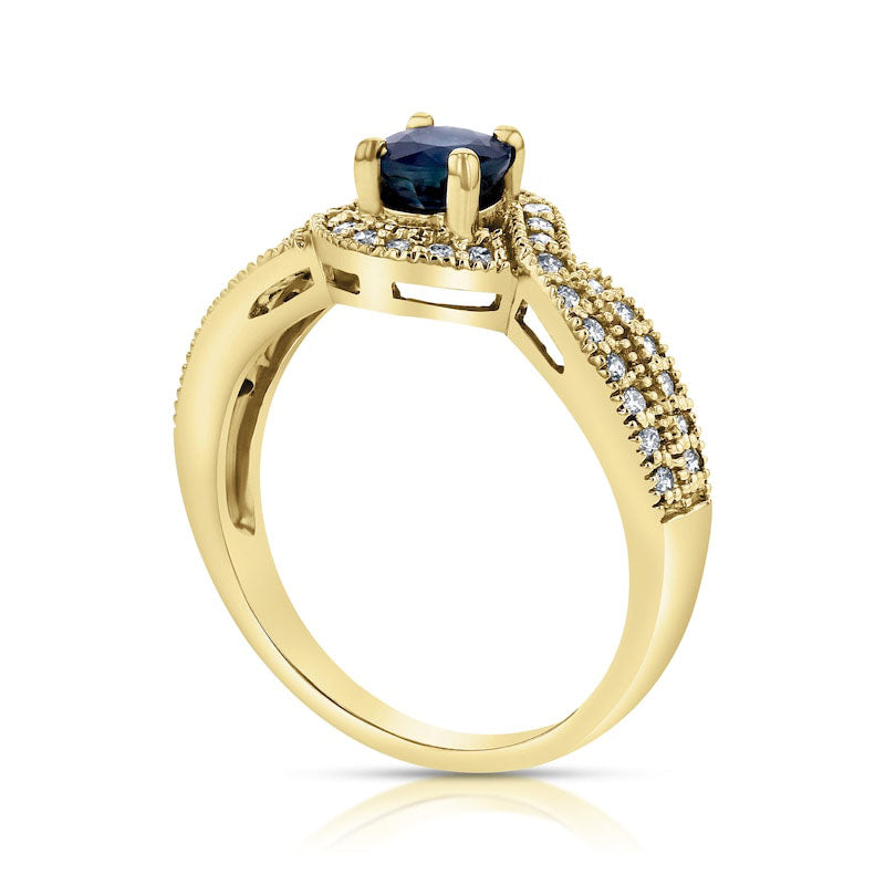 5.0mm Blue Sapphire and 0.33 CT. T.W. Natural Diamond Bypass Frame Split Shank Antique Vintage-Style Engagement Ring in Solid 14K Gold