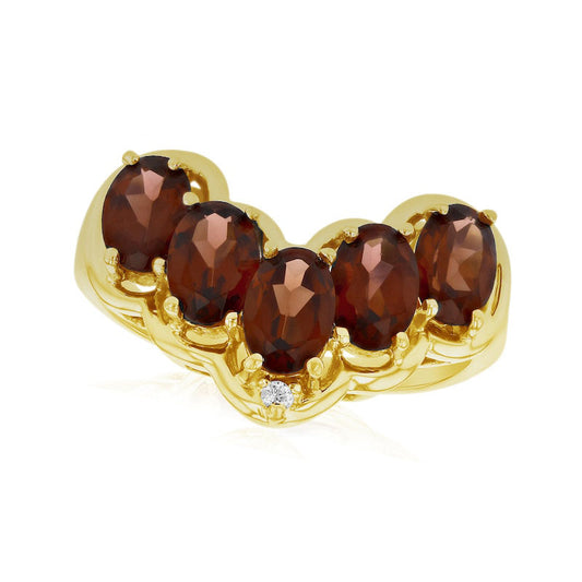 Oval Garnet and Natural Diamond Accent Five Stone Chevron Ring in Solid 14K Gold